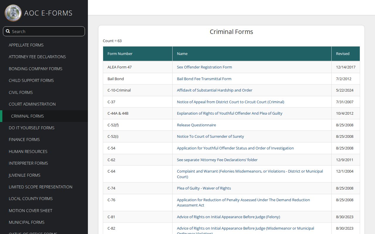 Alabama official criminal warrant, bond, surrender, and rights forms index