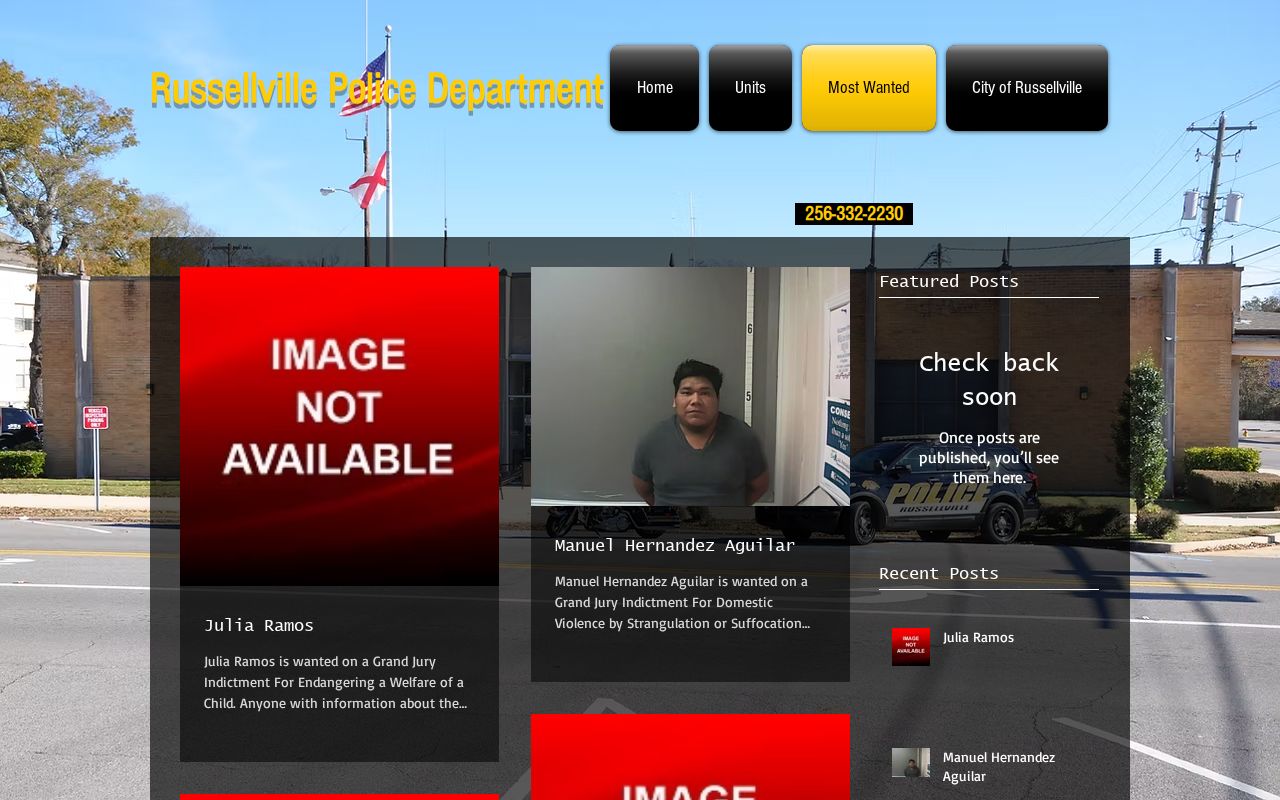 Russellville Police Most Wanted interface shown without reproducing personal details